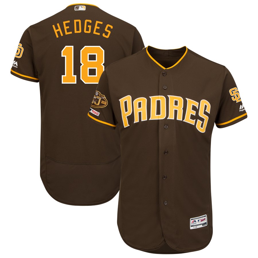 Men's San Diego Padres 18 Austin Hedges Brown 50th Anniversary and 150th Patch FlexBase Jersey