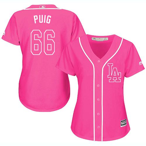 Dodgers #66 Yasiel Puig Pink Fashion Women's Stitched Baseball Jersey