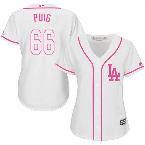 Dodgers #66 Yasiel Puig White Pink Fashion Women's Stitched Baseball Jersey