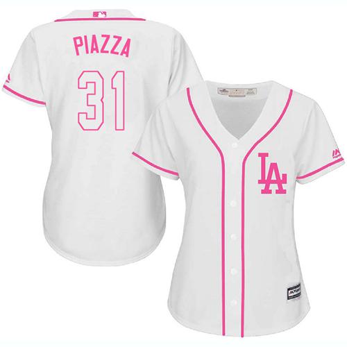 Dodgers #31 Mike Piazza White Pink Fashion Women's Stitched Baseball Jersey