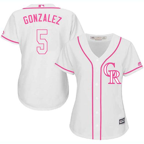 Rockies #5 Carlos Gonzalez White Pink Fashion Women's Stitched Baseball Jersey