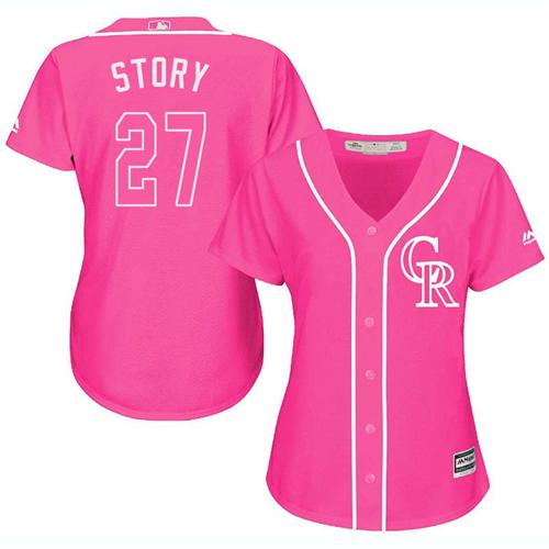 Rockies #27 Trevor Story Pink Fashion Women's Stitched Baseball Jersey