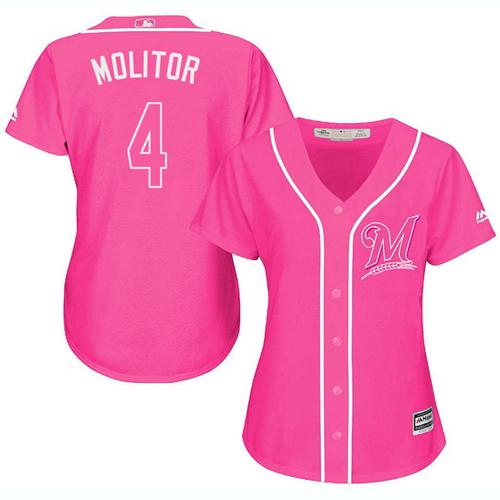 Brewers #4 Paul Molitor Pink Fashion Women's Stitched Baseball Jersey