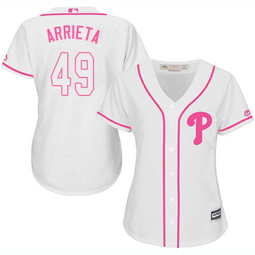 Phillies #49 Jake Arrieta White Pink Fashion Women's Stitched Baseball Jersey