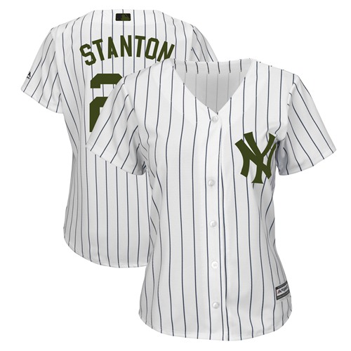 Yankees #27 Giancarlo Stanton White Strip 2018 Memorial Day Cool Base Women's Stitched Baseball Jersey$20.99