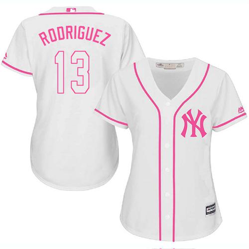 Yankees #13 Alex Rodriguez White Pink Fashion Women's Stitched Baseball Jersey