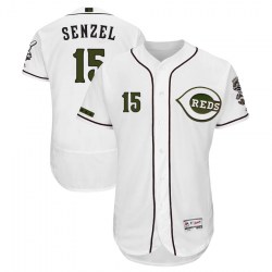 Cincinnati Reds #15 Nick Senzel Men's Authentic Majestic Flex Base Alternate Collection White Jersey