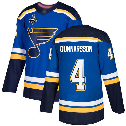 Men's St. Louis Blues #4 Carl Gunnarsson Blue Home Authentic 2019 Stanley Cup Final Bound Stitched Hockey Jersey