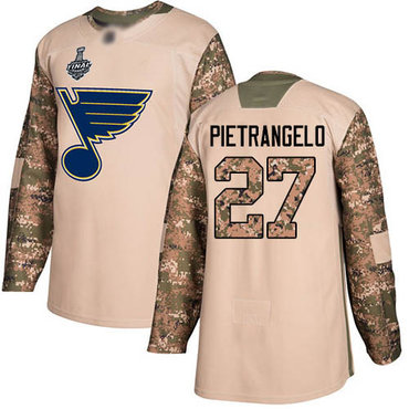 Men's St. Louis Blues #27 Alex Pietrangelo Camo Authentic 2017 Veterans Day 2019 Stanley Cup Final Bound Stitched Hockey Jersey