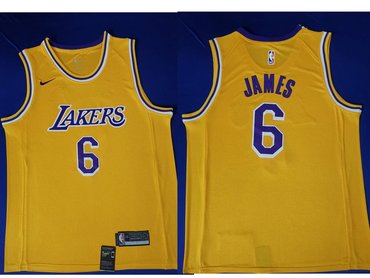 Men's Nike Los Angeles Lakers #6 LeBron James Purple Number Yellow Stitched NBA Jersey