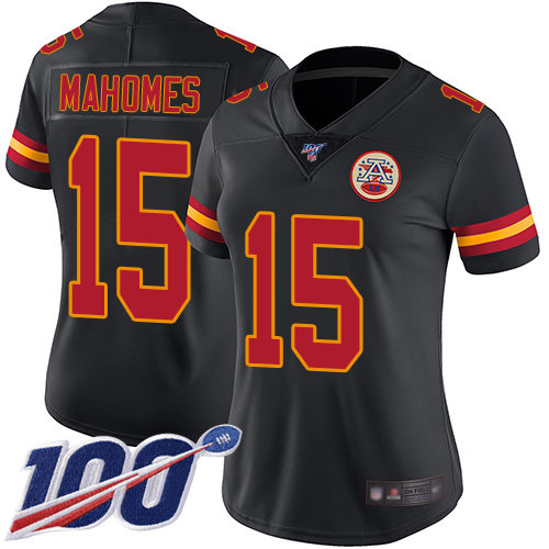 Chiefs #15 Patrick Mahomes Black Women's Stitched Football Limited Rush 100th Season Jersey