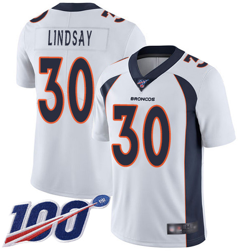 Broncos #30 Phillip Lindsay White Men's Stitched Football 100th Season Vapor Limited Jersey