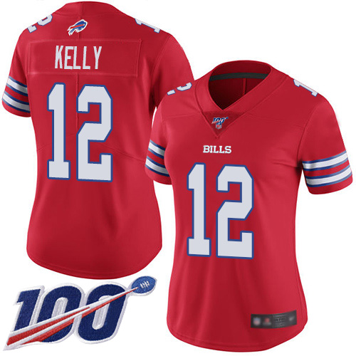 Nike Bills #12 Jim Kelly Red Women's Stitched NFL Limited Rush 100th Season Jersey