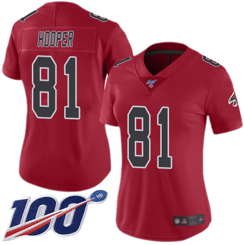 Nike Falcons #81 Austin Hooper Red Women's Stitched NFL Limited Rush 100th Season Jersey