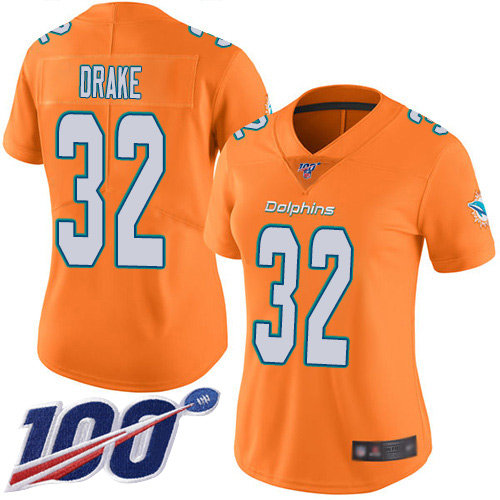 Nike Dolphins #32 Kenyan Drake Orange Women's Stitched NFL Limited Rush 100th Season Jersey