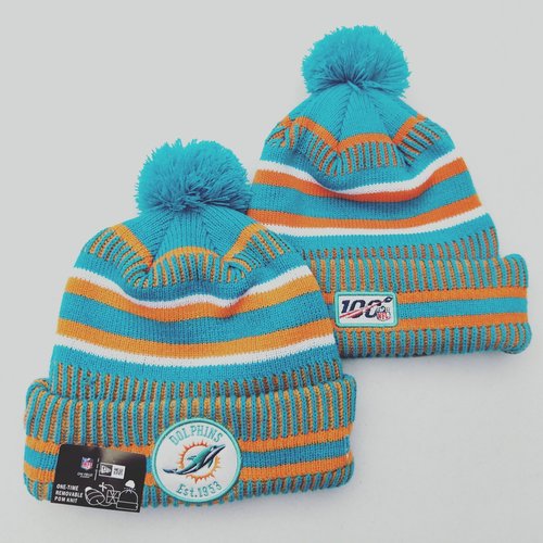 Dolphins Team Logo Aqua 100th Season Pom Knit Hat YD