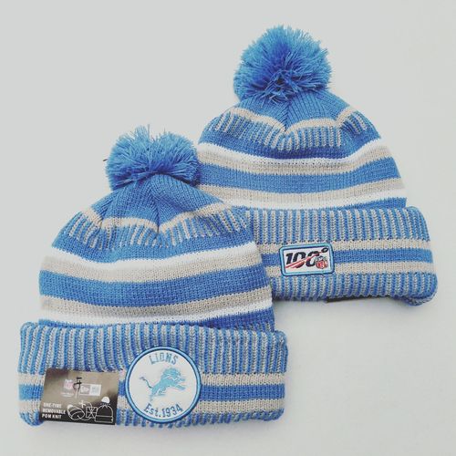 Lions Team Logo Light Blue 100th Season Pom Knit Hat YD