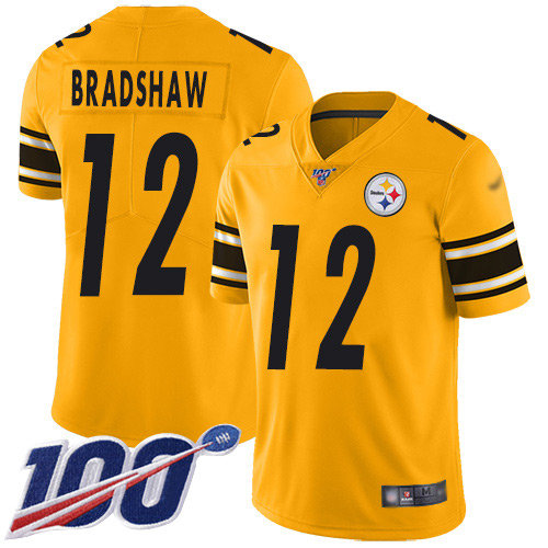 Nike Steelers #12 Terry Bradshaw Gold Men's Stitched NFL Limited Inverted Legend 100th Season Jersey
