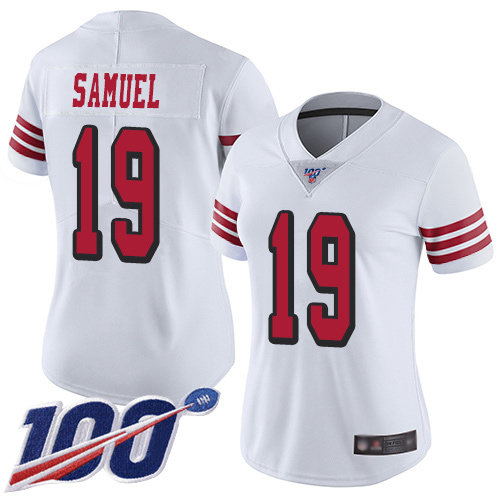 Nike 49ers #19 Deebo Samuel White Rush Women's Stitched NFL Limited 100th Season Jersey