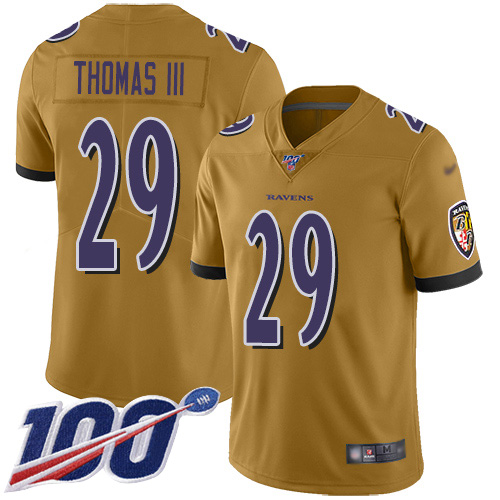 Nike Ravens #29 Earl Thomas III Gold Men's Stitched NFL Limited Inverted Legend 100th Season Jersey