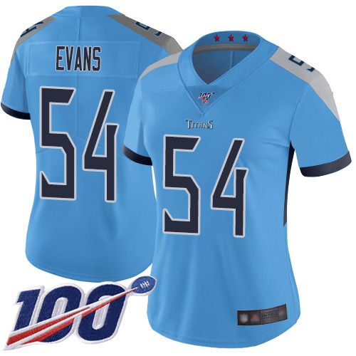 Titans #54 Rashaan Evans Light Blue Alternate Women's Stitched Football 100th Season Vapor Limited Jersey