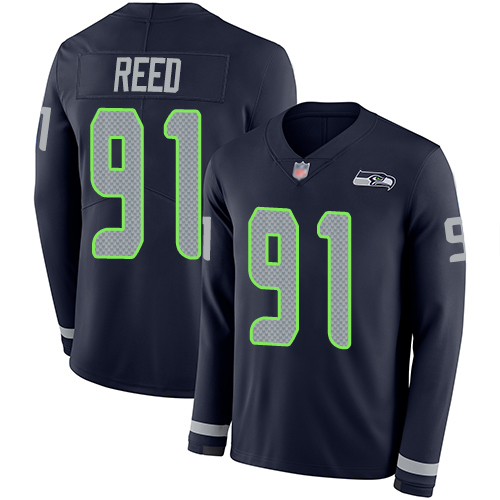 Seahawks #91 Jarran Reed Steel Blue Team Color Men's Stitched Football Limited Therma Long Sleeve Jersey