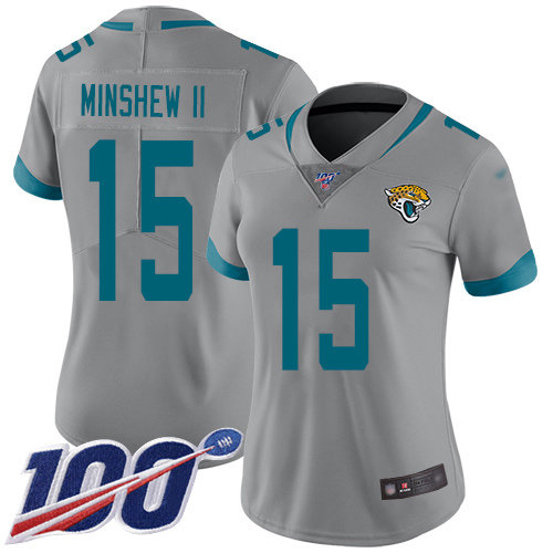 Jaguars #15 Gardner Minshew II Silver Women's Stitched Football Limited Inverted Legend 100th Season Jersey