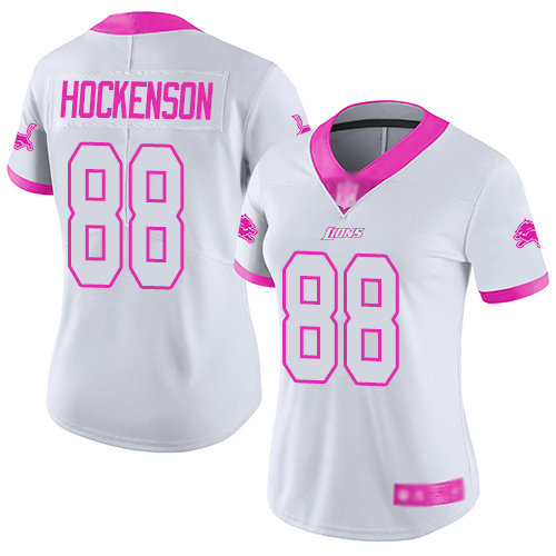 Lions #88 T.J. Hockenson White Pink Women's Stitched Football Limited Rush Fashion Jersey