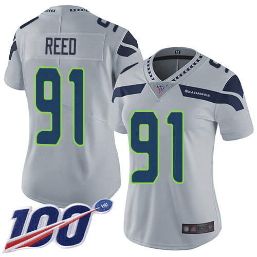 Seahawks #91 Jarran Reed Grey Alternate Women's Stitched Football 100th Season Vapor Limited Jersey