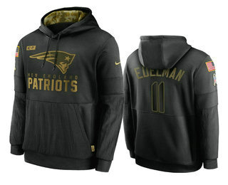 Men's New England Patriots #11 Julian Edelman Black 2020 Salute To Service Sideline Performance Pullover Hoodie