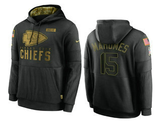 Men's Kansas City Chiefs #15 Patrick Mahomes Black 2020 Salute To Service Sideline Performance Pullover Hoodie