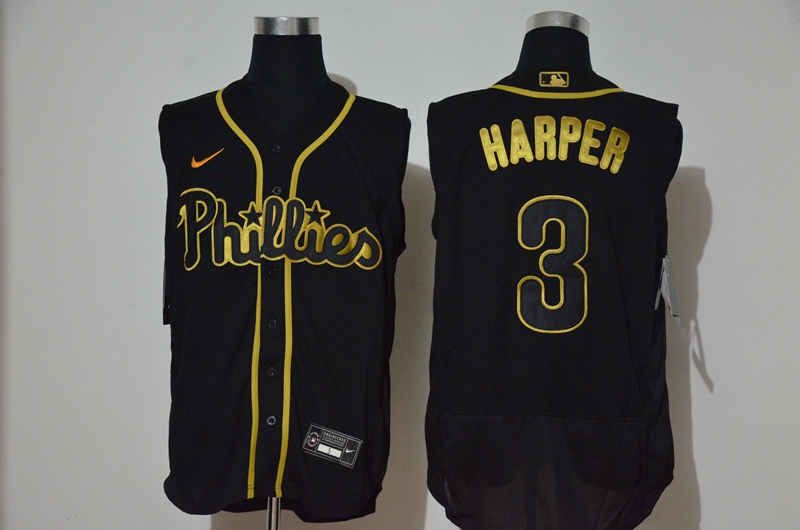 Men's Philadelphia Phillies #3 Bryce Harper Black Golden 2020 Cool and Refreshing Sleeveless Fan Stitched Flex Nike Jersey