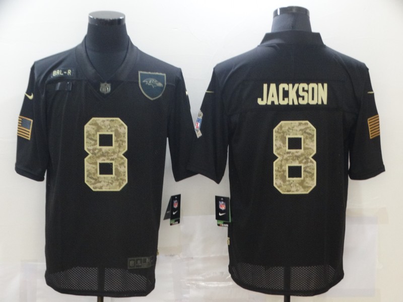 Men's Baltimore Ravens #8 Lamar Jackson Black Camo 2020 Salute To Service Stitched NFL Nike Limited Jersey