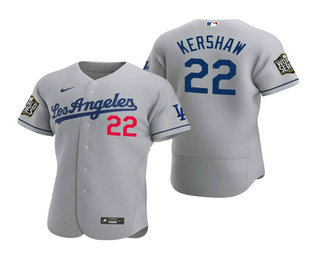 Men's Los Angeles Dodgers #22 Clayton Kershaw Gray 2020 World Series Authentic Road Flex Nike Jersey