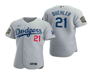 Men's Los Angeles Dodgers #21 Walker Buehler Gray 2020 World Series Authentic Flex Nike Jersey