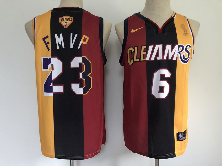 Men's Los Angeles Lakers #6 #23 LeBron James 2020 FMVP Heat Cavaliers Split Dual Number Red Gold Jersey