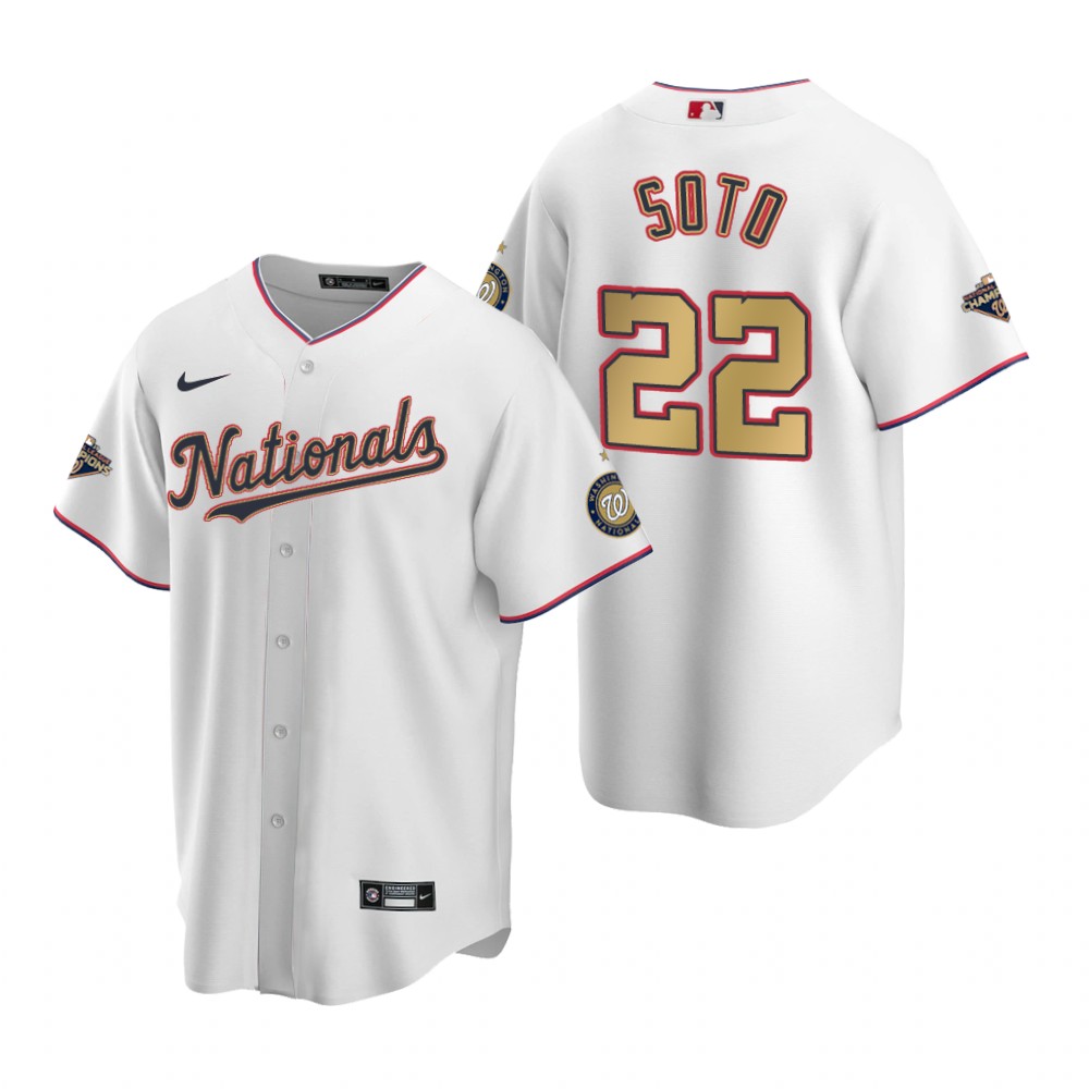 Youth Washington Nationals #22 Juan Soto White Gold 2019 World Series Champions Stitched MLB Cool Base Nike Jersey