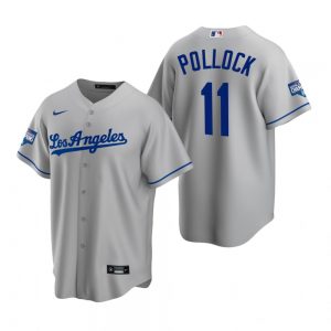 Men’s Los Angeles Dodgers #11 A.J. Pollock Gray 2020 World Series Champions Road Replica Jersey