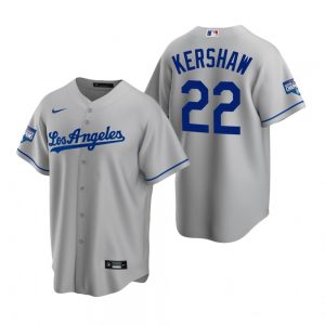 Men’s Los Angeles Dodgers #22 Clayton Kershaw Gray 2020 World Series Champions Road Replica Jersey