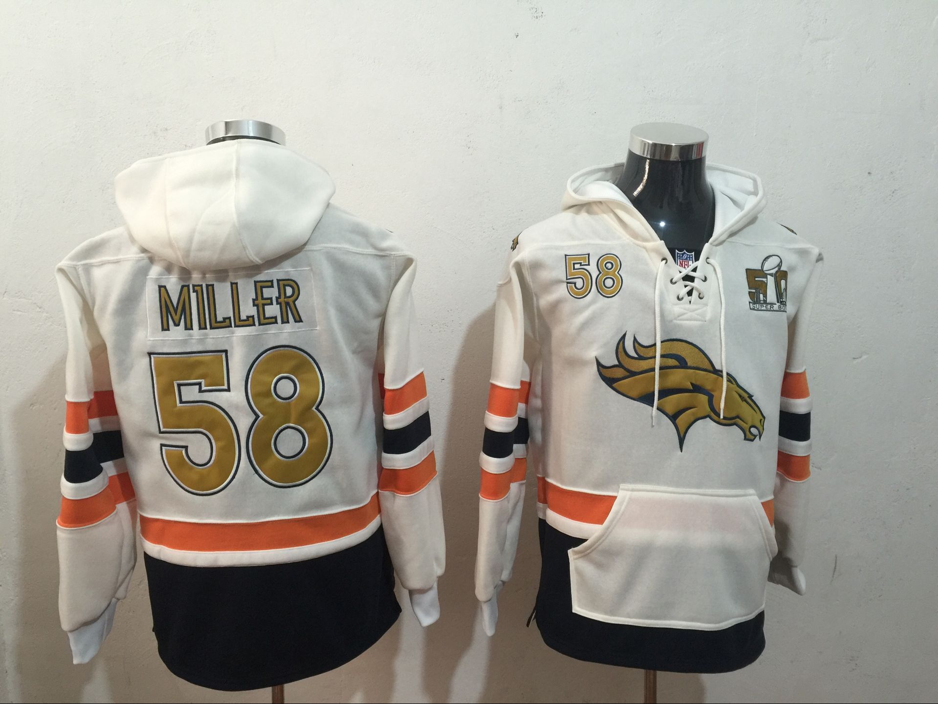 Men's Denver Broncos #58 Von Miller NEW White Super Bowl 50TH Patch Pocket Stitched NFL Pullover Hoodie