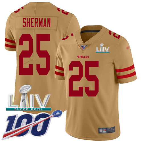 Nike 49ers #25 Richard Sherman Gold Super Bowl LIV 2020 Youth Stitched NFL Limited Inverted Legend 100th Season Jersey