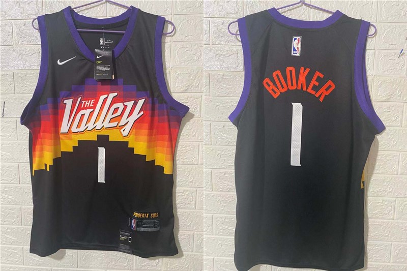 Men's Phoenix Suns #1 Devin Booker Black 2021 City Edition NBA Swingman Jersey With The Sponsor Logo