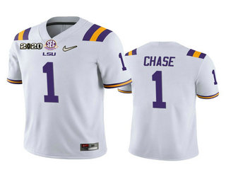 Men's LSU Tigers #1 Ja'Marr Chase White 2020 National Championship Game Jersey