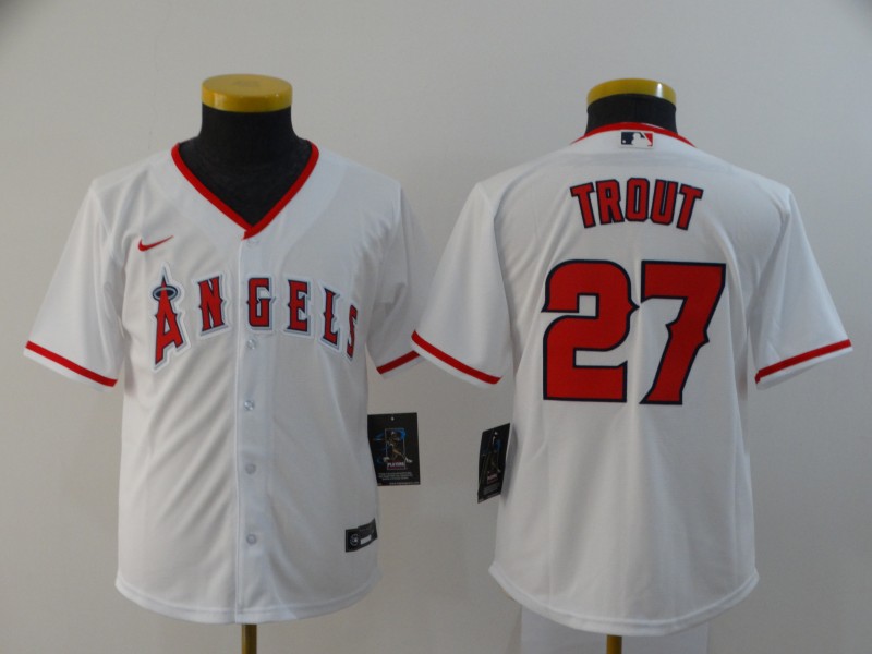 Youth Los Angeles Angels #27 Mike Trout White Stitched MLB Cool Base Nike Jersey