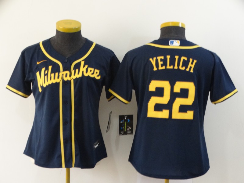 Women's Milwaukee Brewers #22 Christian Yelich Navy Blue Stitched MLB Cool Base Nike Jersey