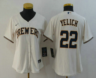 Women's Milwaukee Brewers #22 Christian Yelich Cream Stitched MLB Cool Base Nike Jersey