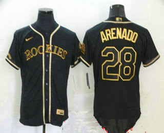 Men's Colorado Rockies #28 Nolan Arenado Black With Gold Stitched MLB Flex Base Nike Jersey