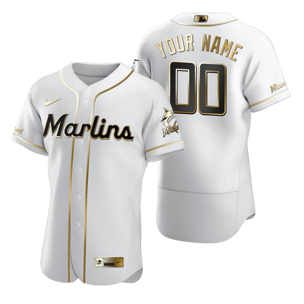 Men's Miami Marlins Custom Nike White Stitched MLB Flex Base Golden Edition Jersey