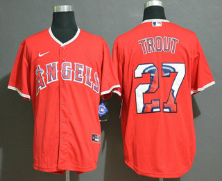 Men's Los Angeles Angels #27 Mike Trout Red Team Logo Stitched MLB Cool Base Nike Jersey