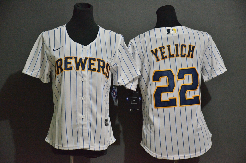 Women's Milwaukee Brewers #22 Christian Yelich White Stitched MLB Cool Base Nike Jersey